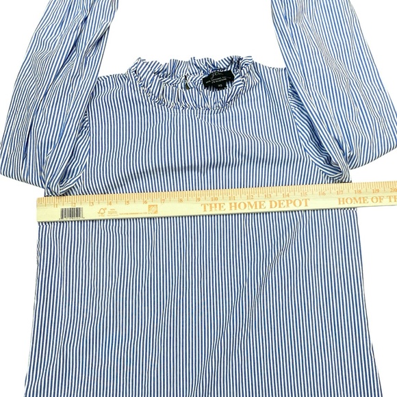 J crew organic cotton ruffle neck blue striped long sleeve career top - Picture 3 of 5